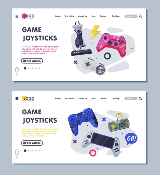 Game Joystick Landning Sida Mallar Set, Gamepads Controller Konsoler Web Banners, Gaming Industry Concept Vector Illustration — Stock vektor