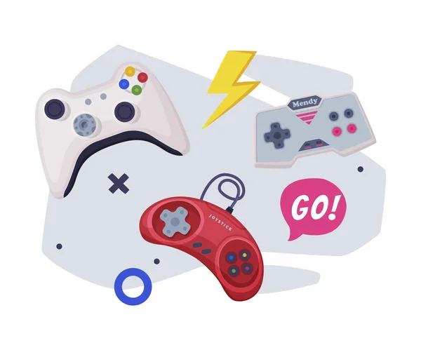 Game Joysticks, Modern és Retro Gamepads Controllers, Video Game Players konzolok Set Vector Illustration on White Háttér — Stock Vector