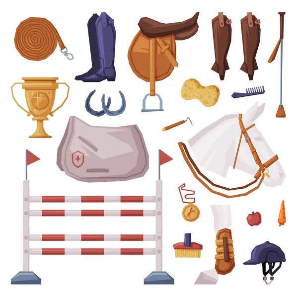 Conjunto de equipos de deporte ecuestre, elementos esenciales para montar a caballo y herramientas de aseo Vector Illustration — Vector de stock