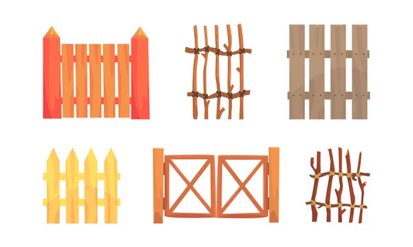 Wooden Fence of Poles and Boards as Agricultural Structure Vector Set — Stock Vector