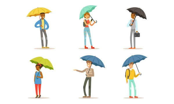 People Walking under Umbrellas Set, Cheerful Men and Women Spending Time on Nature Cartoon Vector Illustration - Stok Vektor