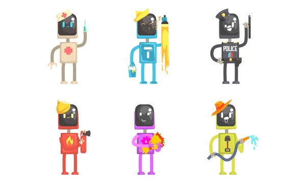 Robot de diferentes profesiones Set, Doctor, Pintor, Policía, Bombero, Florista, Granjero Dibujos Animados Vector Ilustración — Archivo Imágenes Vectoriales