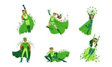 Eco Superhero Character Wearing Green Waving Cloak and Mask Vector Set clipart