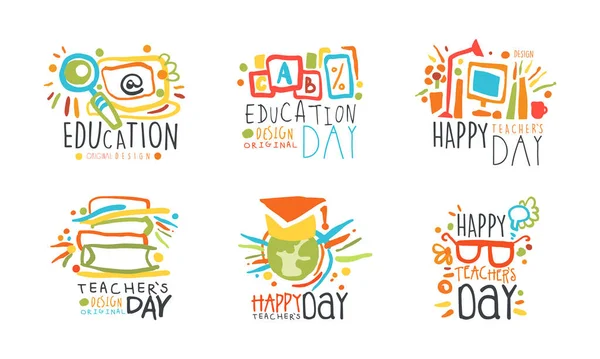 Mutlu Öğretmenler Günü ve Eğitim Etiketi Tasarım Vektörü Seti — Stok Vektör
