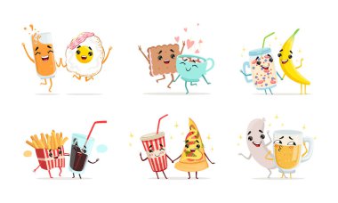 Gülümseyen Gıda ve İçecek Karakterleri El Tutma Vektörü