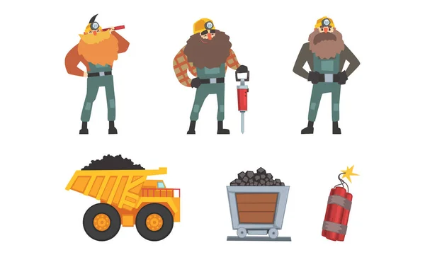 Kol- och malmbrytningsindustri med skäggigt gruvarbetare och spårvagn Vector Set — Stock vektor