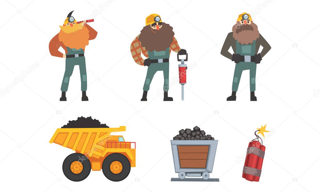 Coal and Ore Mining Industry with Bearded Man Miner and Rail Trolley Vector Set