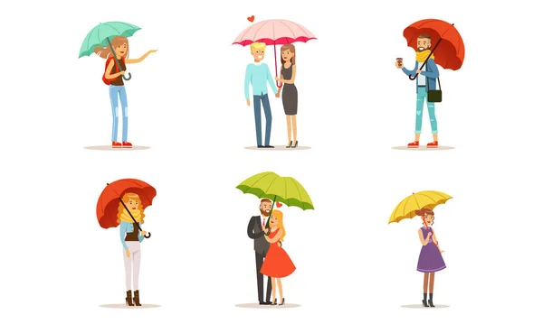 Gente caminando bajo paraguas, gente alegre y parejas cariñosas pasan tiempo en la naturaleza Dibujos animados Vector Ilustración — Archivo Imágenes Vectoriales