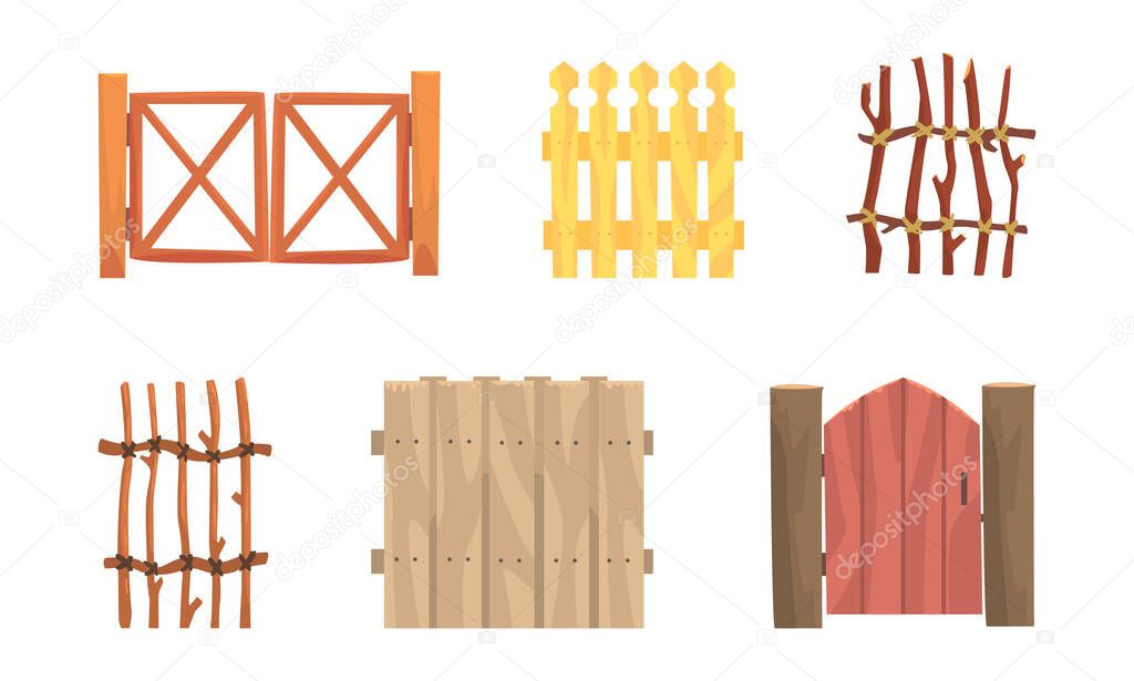 Wooden Fence of Poles and Boards as Agricultural Structure Vector Set