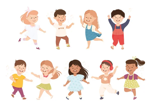 Energetic Children Dancing Moving to Music Rythm Vector Set - Stok Vektor