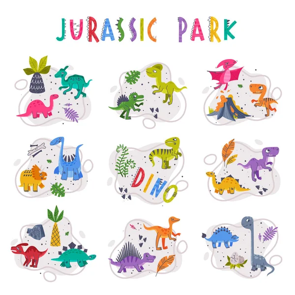 Список викопних птахів Jurassic Park Composition with Funny Dinosaurs as Cute Prehistoric Creature and Comic Predator Vector Set — стоковий вектор