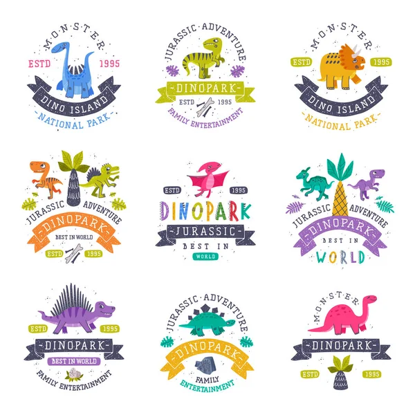 Dino Island and Dino Park Family Entertainment Emblem with Funny Dinosaurs as Cute Prehistoric Creature and Comic Jurassic Predator Vector Set — стоковий вектор
