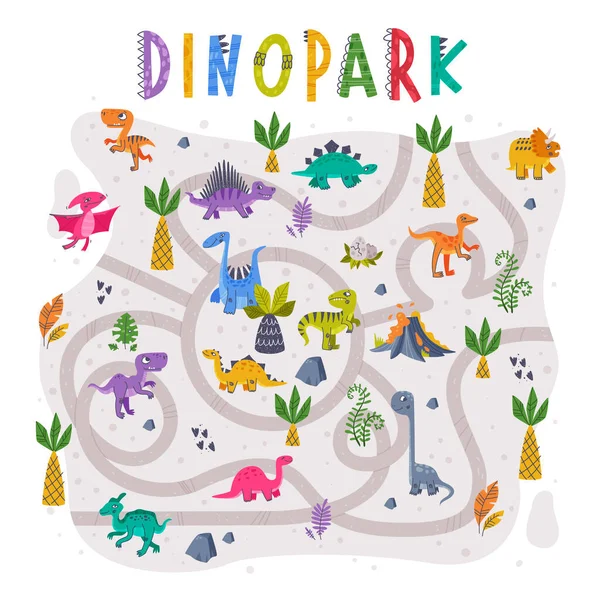Dino Park Labyrinth or Maze Game with Funny Dinosaurs and Twisted Path Vector Set — стоковий вектор