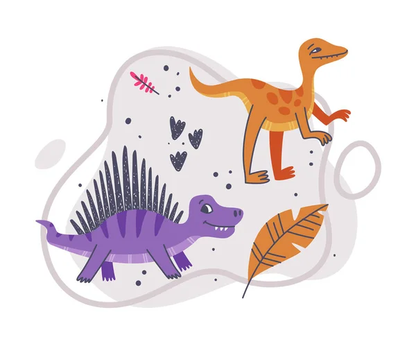 Composition du parc jurassique avec des dinosaures drôles comme créature préhistorique mignonne et illustration vectorielle de prédateur comique — Image vectorielle