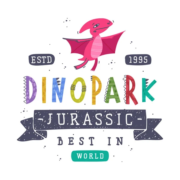 Isla Dino y Dino Park Emblema de entretenimiento familiar con dinosaurio divertido como criatura prehistórica linda e ilustración vectorial del depredador jurásico cómico — Archivo Imágenes Vectoriales