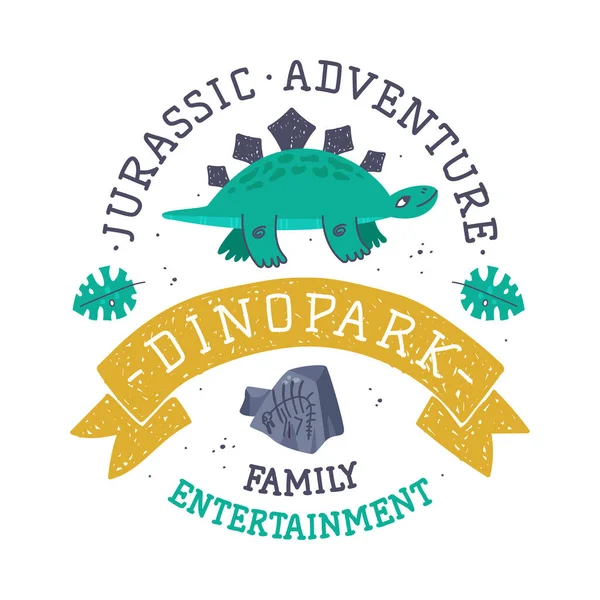 Dino Island and Dino Park Family Entertainment Emblem with Funny Dinosaur as Cute Prehistoric Creature and Comic Jurassic Predator Vector Illustration — Stock Vector