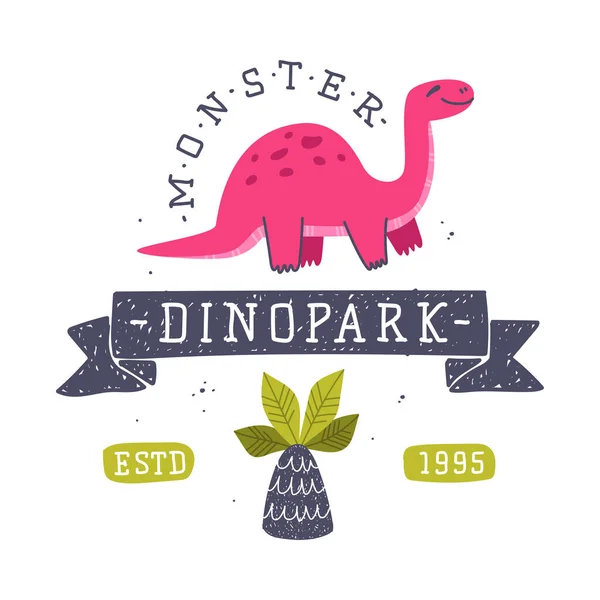 Dino Island en Dino Park Familie Amusement Embleem met Grappige Dinosaurus als Schattig Prehistorisch Wezen en Comic Jurassic Predator Vector Illustratie — Stockvector