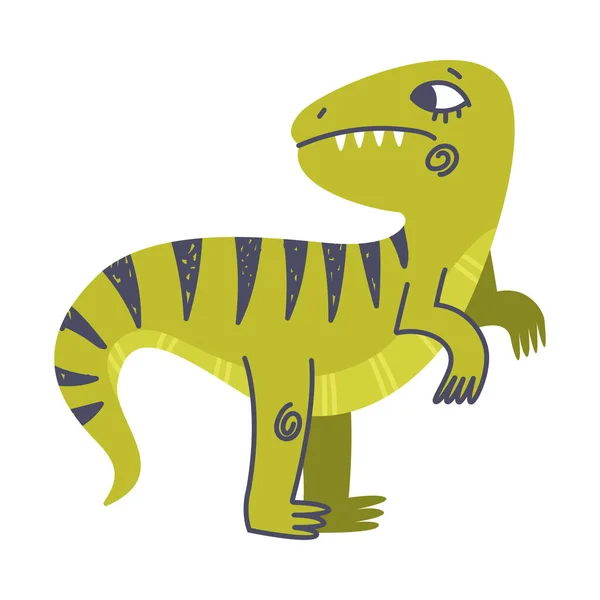 Grappig Groen gestreepte Dinosaurus als schattig prehistorisch schepsel en komisch Jurassic Predator Vector Illustratie — Stockvector