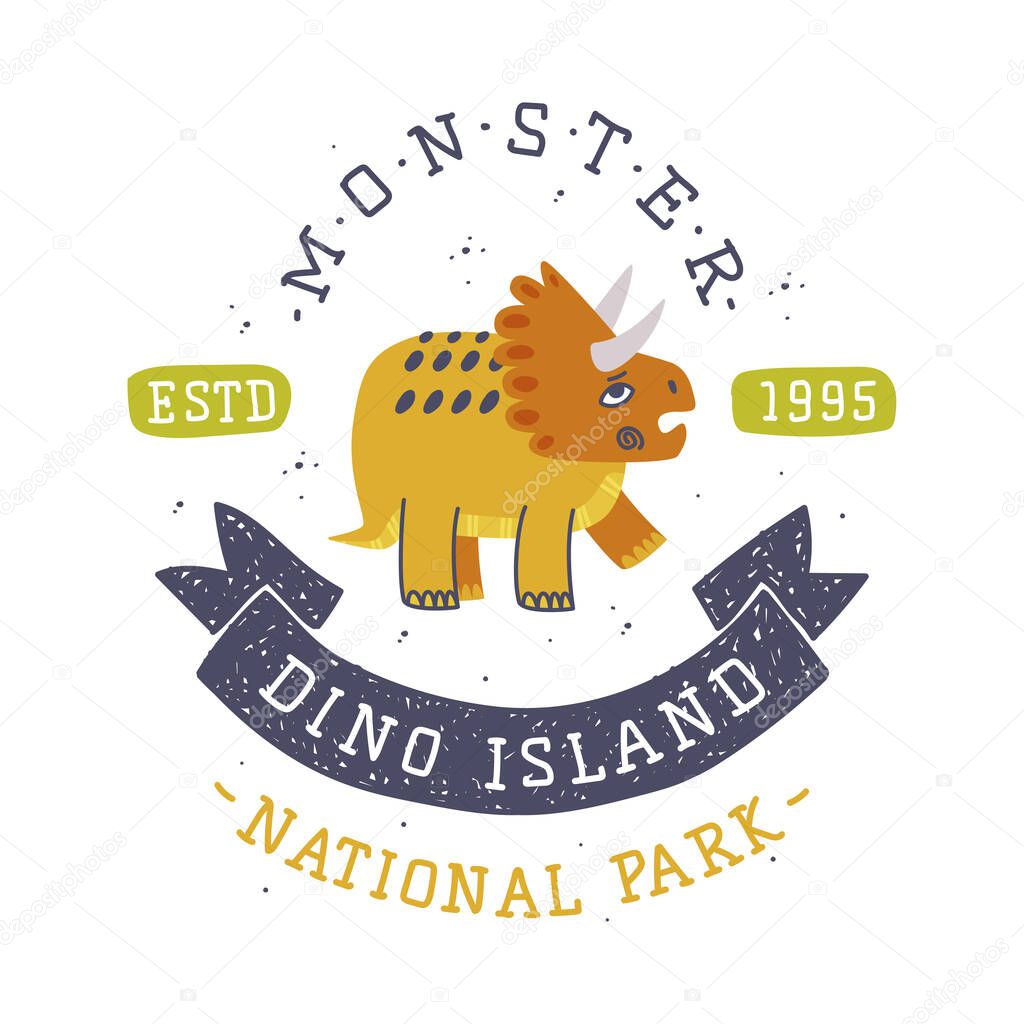 Dino Island and Dino Park Family Entertainment Emblem with Funny Dinosaur as Cute Prehistoric Creature and Comic Jurassic Predator Vector Illustration