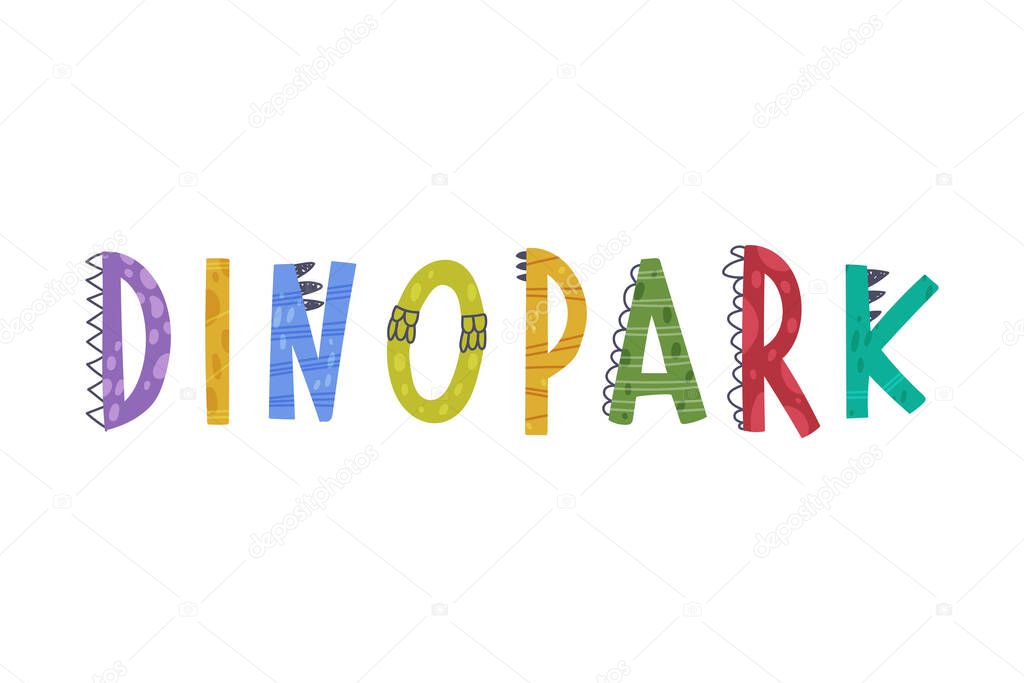 Dino Park Inscription with Spiked Dino Alphabet Letters Vector Illustration