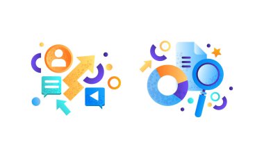 Business and Finance Signs Set, Diagram, Magnifying Glass, Paper Document, Management, Strategy, Marketing Symbols Flat Vector Illustration