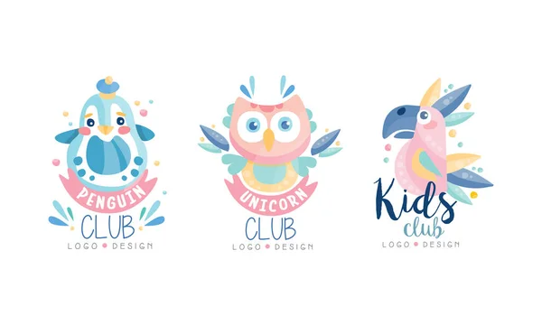 Pingüino, conjunto de diseño de logotipo creativo de unicornio, Insignias de identidad de marca de club infantil Dibujos animados Vector Ilustración — Vector de stock