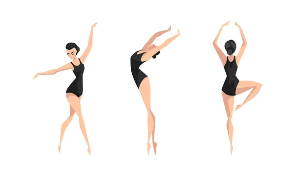 Menina bonita dançando em conjunto de Leotard preto, dançarina de balé de mulher jovem ou personagem de ginasta Desenhos animados Vector Ilustração — Vetor de Stock