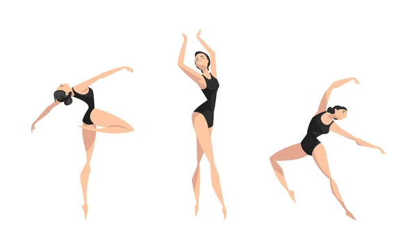 Gyönyörű lány tánc készlet, fiatal nő balett táncos vagy tornász karakter Előadó fekete Leotard Rajzfilm vektor illusztráció — Stock Vector