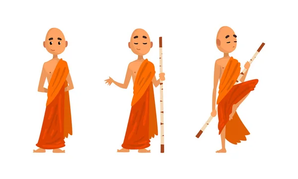 Buddhistische Mönche in orangefarbenen Roben, thailändische Mönche in verschiedenen Posen Cartoon Vector Illustration — Stockvektor