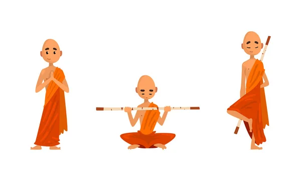 Buddhistische Mönche in orangefarbenen Roben, thailändische Mönche meditieren und beten Cartoon Vector Illustration — Stockvektor