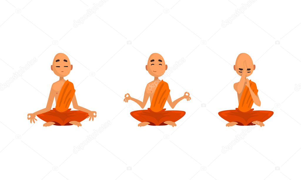 Buddhist Monks in Orange Robes Set, Thai Monks Meditating Cartoon Vector Illustration