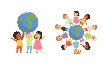 Friendship, Unity, Earth Planet Protection, Kids Holding Hands Standing the World Cartoon Vector Illustration