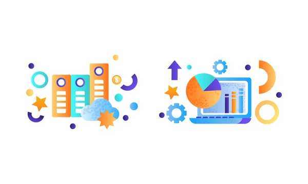 Business and Finance Signs Set, Data Cloud Storage, Laptop Computer, Management, Strategie, Marketing Symbolen Flat Vector Illustratie — Stockvector