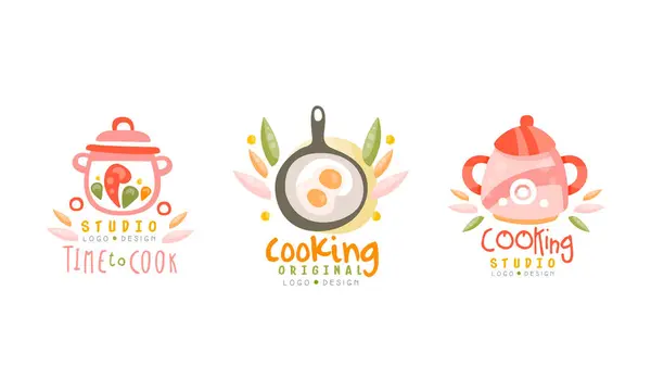 Time to Cook Creative Logo Design Set, Cooking Studio Hand Drawn Labels Vector Illustration — 图库矢量图片