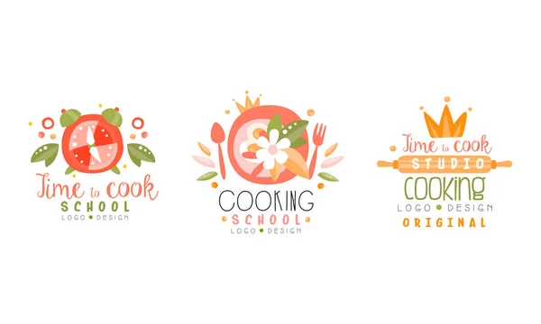 Cooking School Logo Design Set, Time to Cook Studio Hand Drawn Labels Vector Illustration — 图库矢量图片
