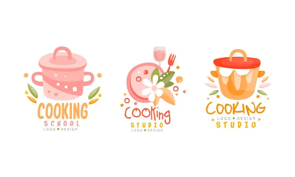 Cooking Studio Logo Design Set, Culinary School Labels Hand Drawn Vector Illustration — 图库矢量图片