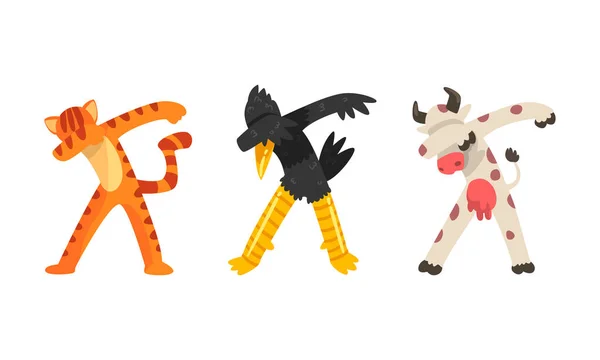Animals Standing in Dub Dance Pose Set, Tiger, Crow, Cow Doing Dabbing Cartoon Vector Illustration — ストックベクタ