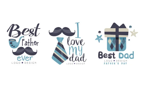 Best Father Ever Logo Design Set, I love My Dad Hand Drawn Labels Vector Illustration — Stock vektor