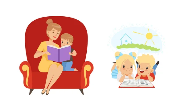 Mamá lectura libro a niño pequeño, lindos niños acostados en el suelo disfrutando de la lectura de dibujos animados Estilo Vector Ilustración aislado sobre fondo blanco — Vector de stock