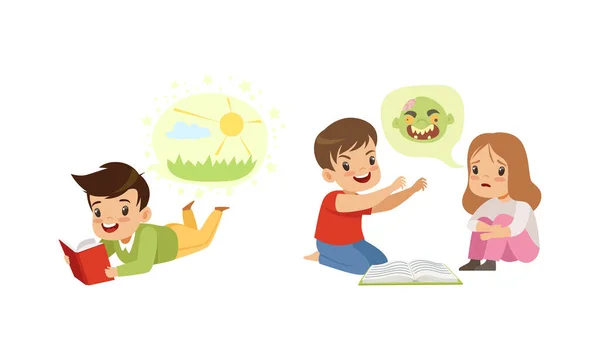 Kids Imagination Concept, Cute Little Children Reading Books Cartoon Style Vector Illustration — 图库矢量图片