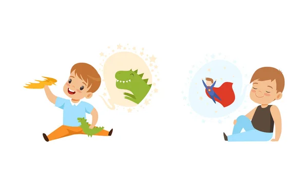 Kids Imagination and Fantasy Concept, Cute Little Boy Playing with Toy Dinosaurs, Boy Dreaming of Being Superhero Cartoon Style Vector Illustration — 스톡 벡터