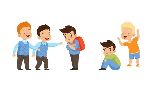 Bullying at School Concept, Boys Mocking Classmate Cartoon Vector Illustration — 스톡 벡터