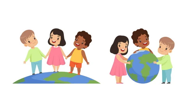 Friendship, Unity, Earth Planet Protection, Happy Kids Holding Hands together around the World Cartoon Vector Illustration — ストックベクタ