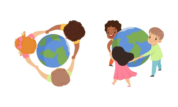 Cute Multicultural Kids Holding Hands together around the World, Friendship, Unity, Earth Planet Protection Cartoon Vector Illustration — стоковий вектор