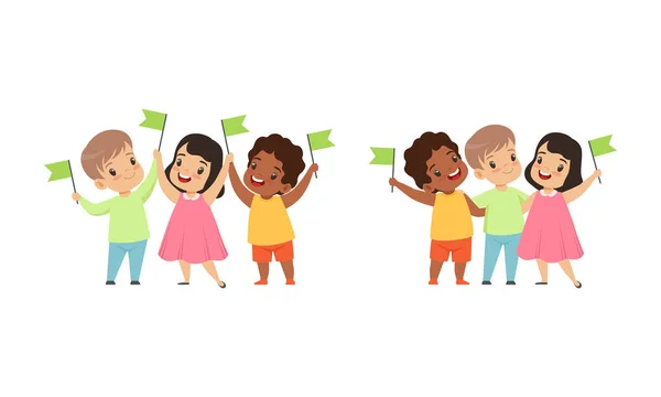 Happy Multicultural Kids Standing Together with Green Flags, Friendship, Unity, Earth Planet Protection Cartoon Vector Illustration — ストックベクタ