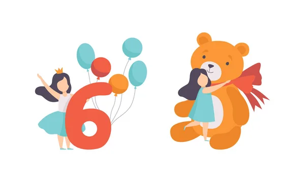 Cute Girl Celebrating her Sixth Birthday, Kid Hugging her Huge Teddy Bear Toy Cartoon Vector Illustration — 图库矢量图片