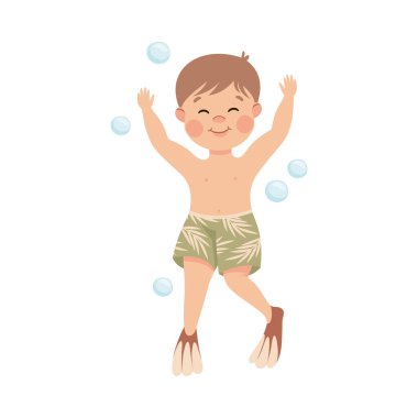 Trunks and Flippers 'daki Küçük Çocuk Kabarcık Vektör İllüstrasyonuyla Su Altında Yüzüyor