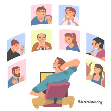 Videoconference and Web Meeting with People Characters Engaged in Online Communication in Real Time Vector Illustration clipart