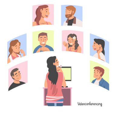 Videoconference and Web Meeting with People Characters Engaged in Online Communication in Real Time Vector Illustration clipart