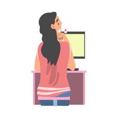 Videoconference and Web Meeting with Woman Character Engaged in Online Communication in Real Time Vector Illustration clipart